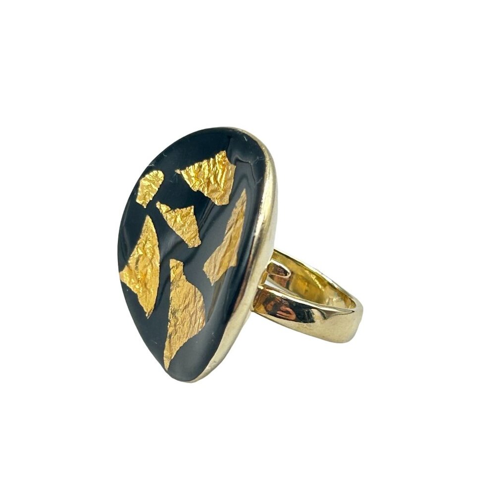 Gold Leaf Ring Adjustable Size Silver 925 Made in Italy Bold Big Cocktail Ring